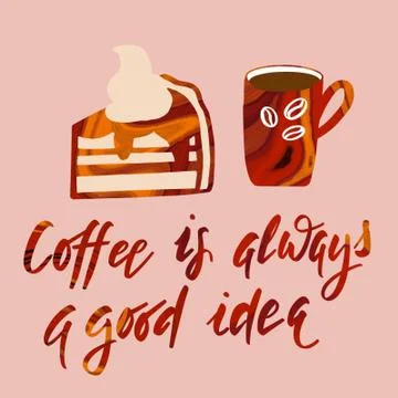 Image of a coffee mug and cake on a pale pink background with the inscription Stock Illustration