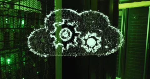 Image of cogs and cloud over server room Illustrazione stock