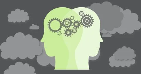 Image of cogs over green faces on grey cloudy background Stock Illustration