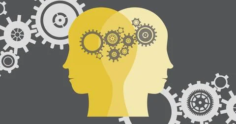 Image of cogs over yellow faces on grey background with cogs Stock Illustration