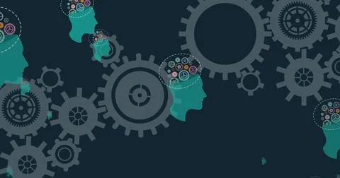 Image of cogs spinning on black background Stock Illustration