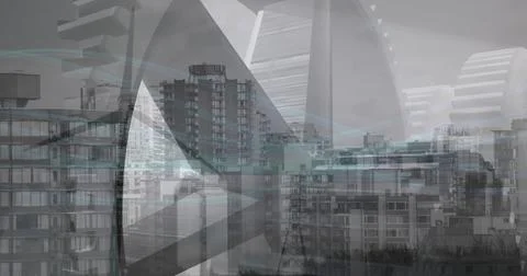 Image of cogs spinning over cityscape Stock Photos