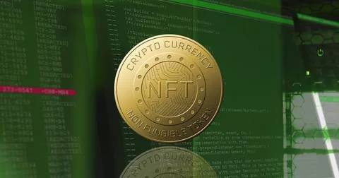 Image of coin with nft and data processing over servers Ilustração Stock
