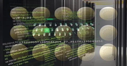 Image of coins with nft and data processing over servers Foto stock