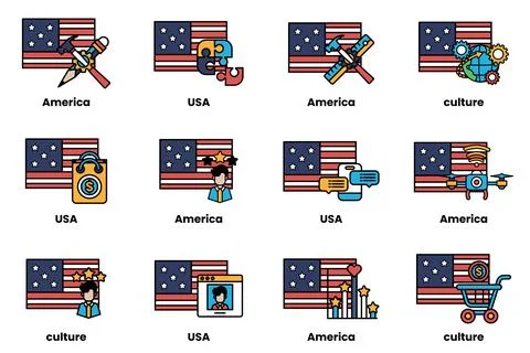 The image is a collection of different American flags with various icons Stock Illustration