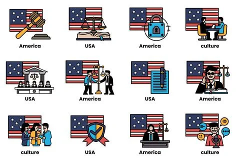 The image is a collection of different American icons, including judges, la.. Stock Illustration