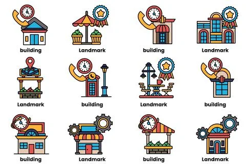 Image is a collection of different buildings and landmarks Stock Illustration