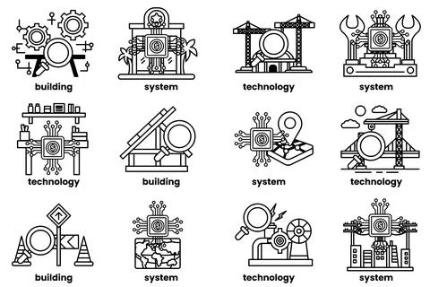 Image is a collection of different gears and symbols Stock Illustration