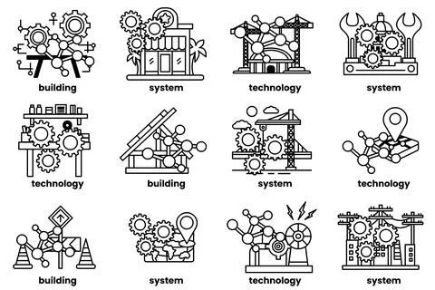 Image is a collection of different gears and symbols Stock Illustration