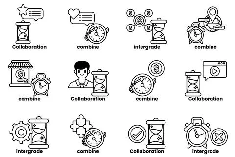 The image is a collection of different time-related icons, including clocks Stock Illustration