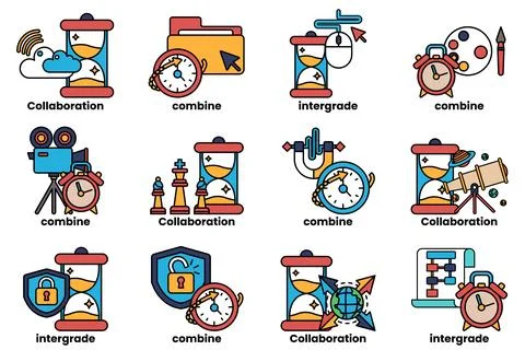 The image is a collection of different time-related icons, including clocks Stock Illustration