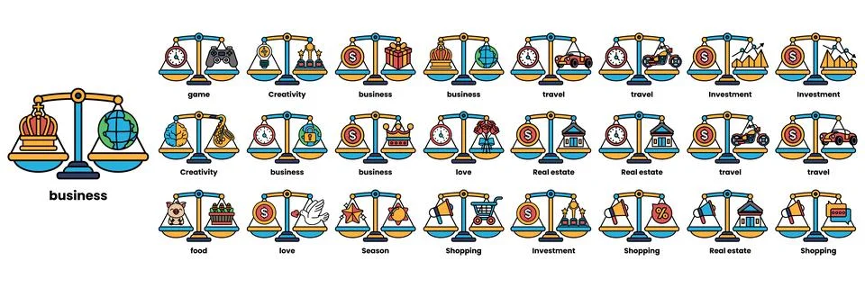 The image is a collection of scales with different weights and objects on the Illustrazione stock