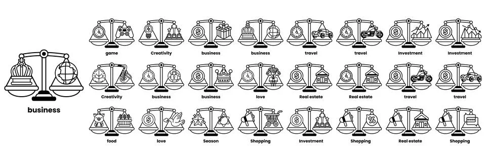 The image is a collection of scales with different weights and objects on the Stock Illustration