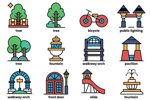 The image is a collection of various cityscape elements, including trees Stock Illustration