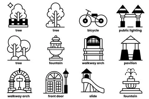 The image is a collection of various cityscape elements, including trees Stock Illustration