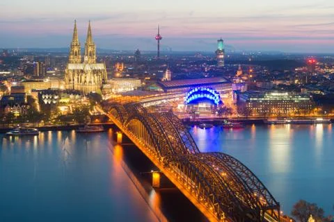 Image of Cologne with Cologne Cathedral during twilight blue hour in Germany. Stock Photos