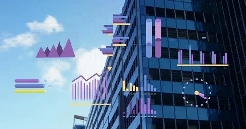 Image of colorful charts processing data over modern office building and blue Stock Photos
