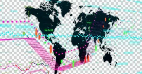 Image of colorful data recordings and statistics with a world map in a black Illustrazione stock