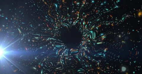 Image of colorful light patterns forming vortex shape on dark background Illustrazione stock