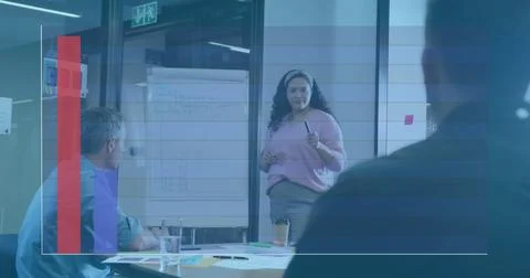 Image of colourful bar graph moving over caucasian businesswoman giving pre.. 스톡 사진