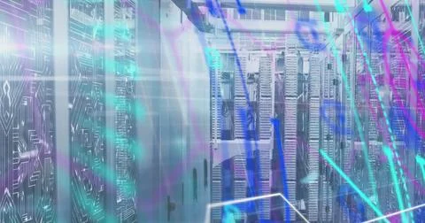 Image of colourful data processing over motherboard and computer servers in Stockfoto's