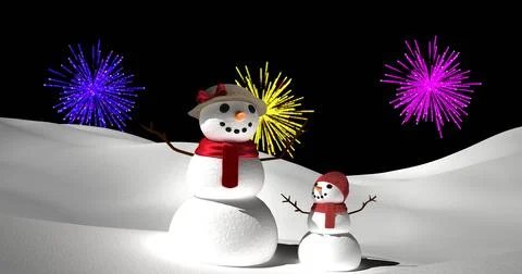 Image of colourful fireworks exploding over christmas snowmen on black Illustrazione stock
