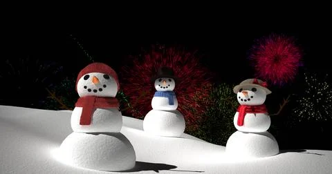 Image of colourful fireworks exploding over christmas snowmen on black イラスト素材