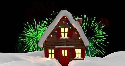 Image of colourful fireworks exploding over house in snow at christmas, on black Illustrazione stock