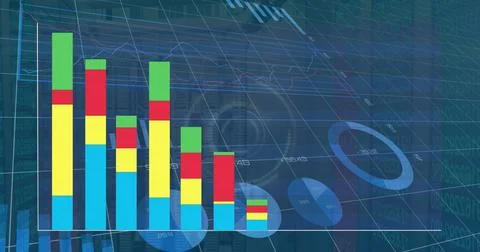 Image of colourful graph and data processing on interface charts Stock Photos