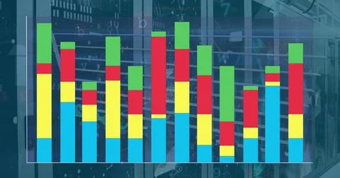 Image of colourful graph and data processing over computer server room Stock Photos