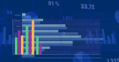 Image of colourful graph over charts and data processing on blue background Illustrazione stock