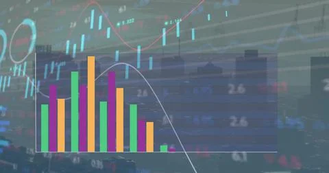 Image of colourful graph over charts and data processing on grey background Stock Photos