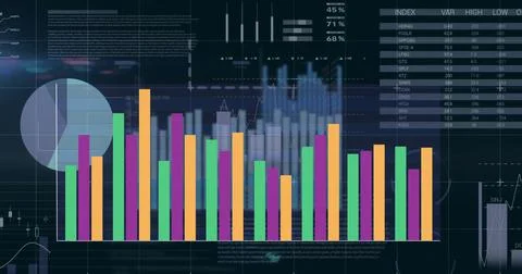 Image of colourful graph over charts and data processing on black background Stock Photos