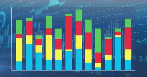 Image of colourful graph over charts and data processing on blue background Foto stock