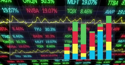 Image of colourful graph over financial data processing on black background Stock Illustration
