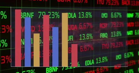 Image of colourful graph over financial data processing on black background 스톡 사진