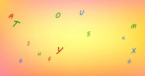 Image of colourful letters moving over soft orange and yellow background Illustrazione stock