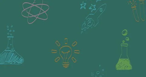 Image of colourful maths equations and science doodles moving over green Ilustração Stock