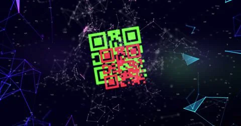 Image of a colourful QR code with blue floating webs of connection Illustrazione stock