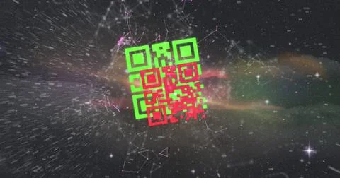 Image of colourful QR code with web connection over space cloud and galaxy Illustrazione stock