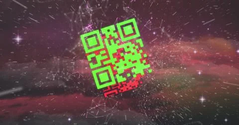 Image of colourful QR code with web connection over space cloud and galaxy Illustrazione stock
