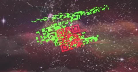Image of a colourful QR code with a web of connection over a space cloud and a Stock Photos