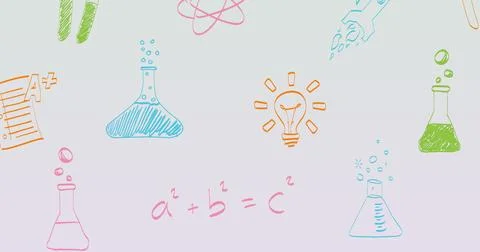 Image of colourful science and learning icons on white background Stock Illustration