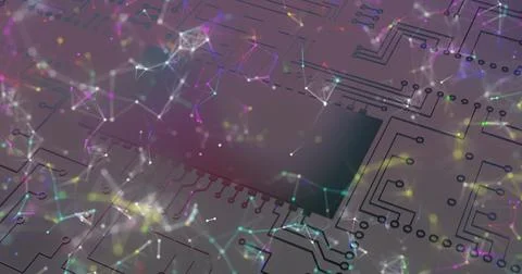 Image of colourful shapes floating over microprocessor connections Stockillustratie