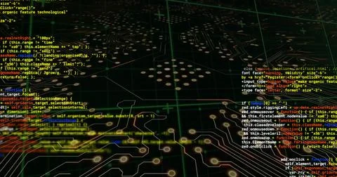 Image of colourful text data processing over circuit board network on black Stock Photos