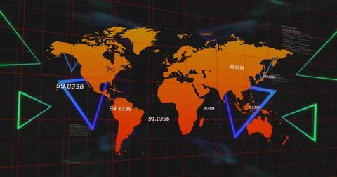 Image of colourful triangles and data processing over orange world map on black Fotos de archivo