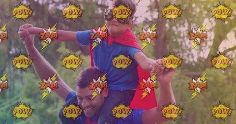 Image of comic icons over happy caucasian father with son with superhero 스톡 사진