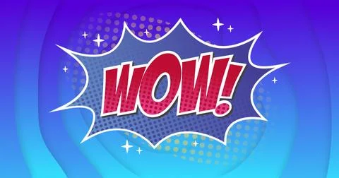 Image of comic wow text and blue shapes on blue background 스톡 사진