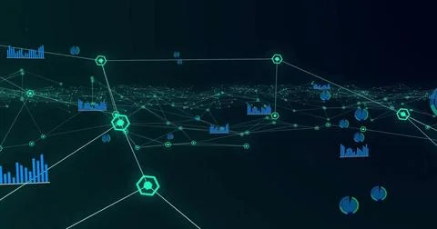 Image of communication network and charts processing data on black background Illustrazione stock