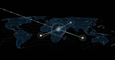 Image of communication network and data processing over world map on black Stock Illustration